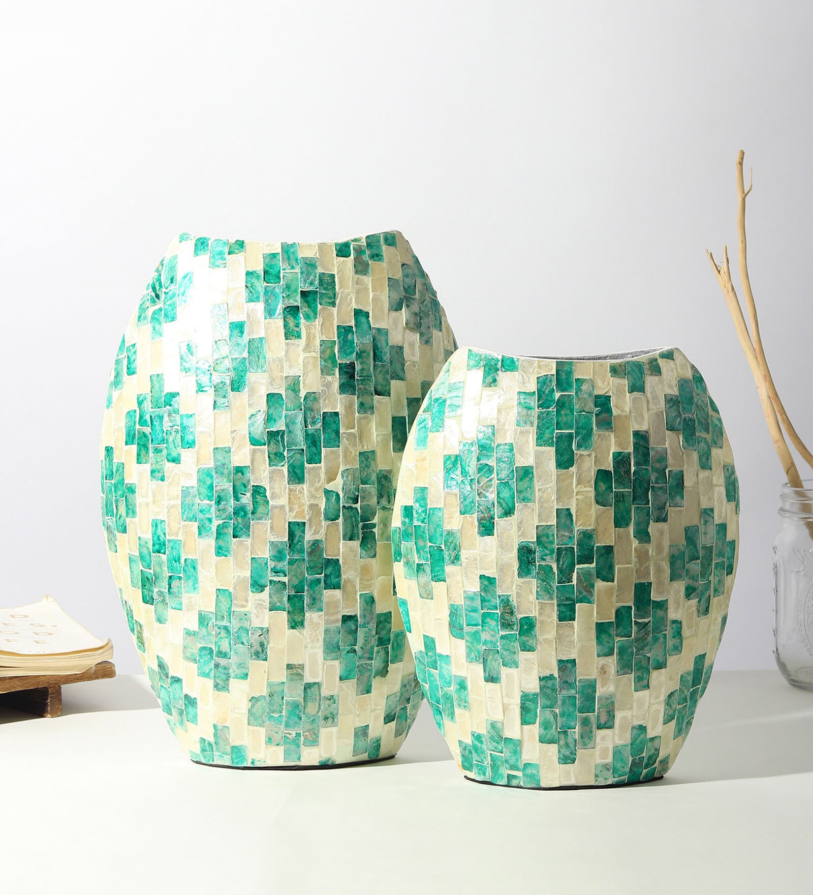 Set Of 2 Blue Mother Of Pearl Decorative Vase For Room Decor Aesthetic