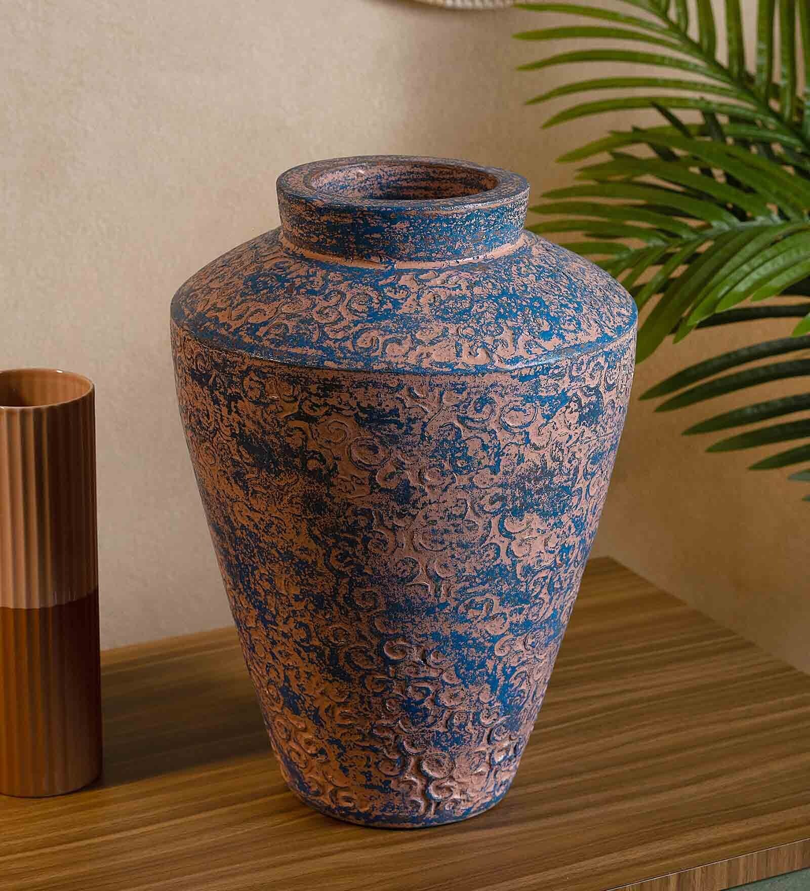 (1Pc) Pink & Blue Terracotta Decorative Vase For Living Room Decor