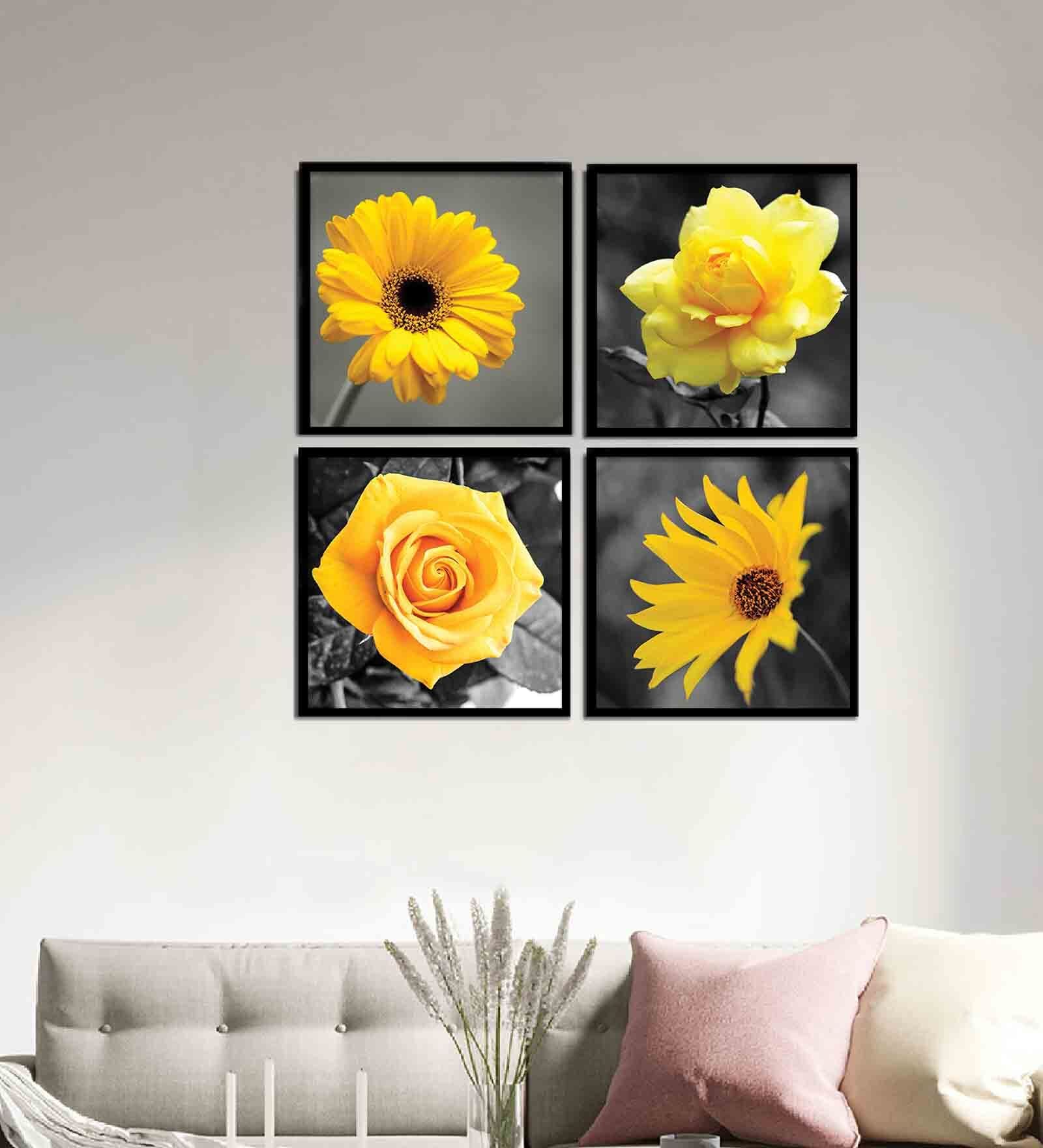 Floral Yellow Engineered Wood Framed Floral Art Print Set of 4