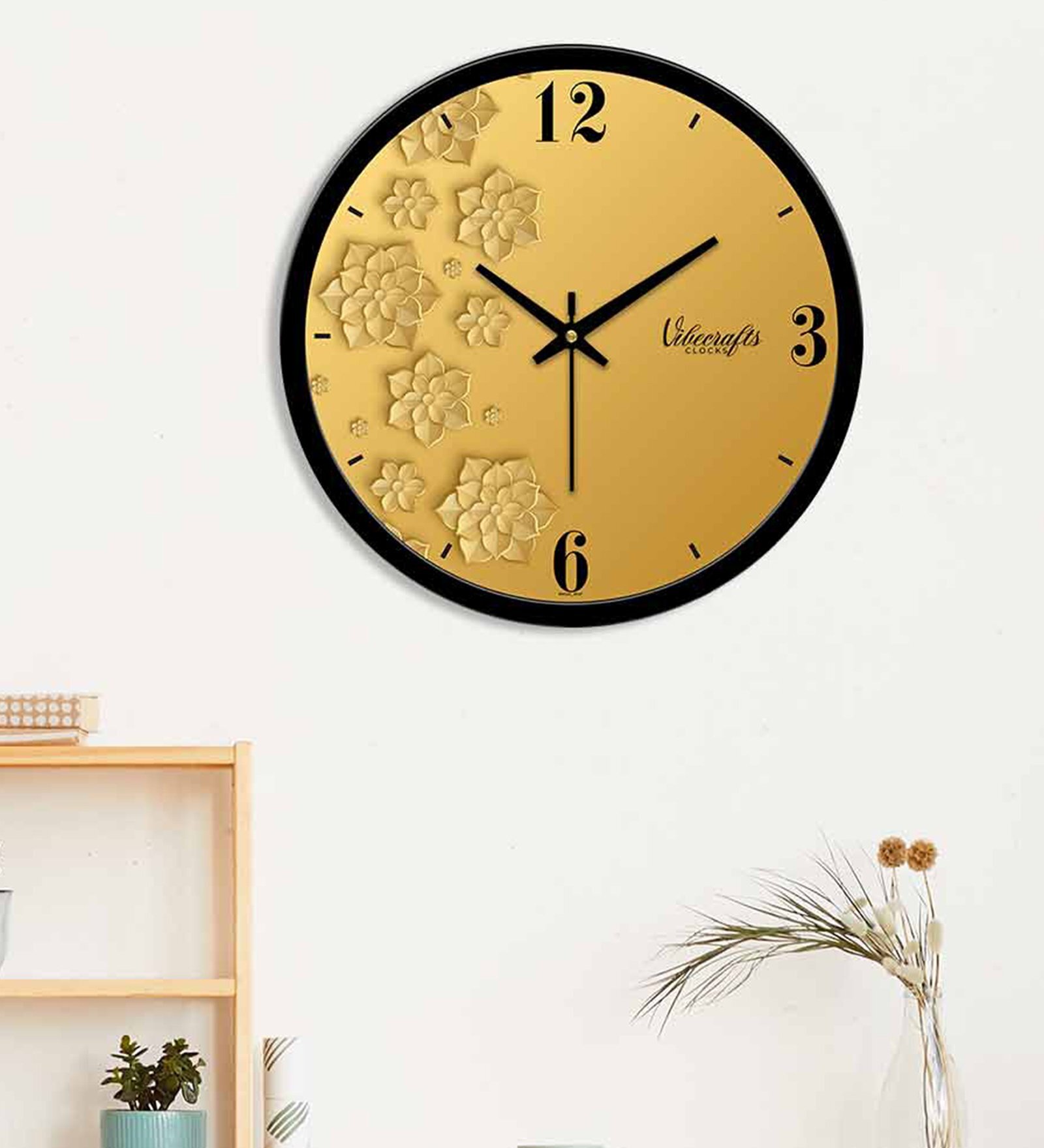 Flowers Designer Golden Plastic Wall Clock