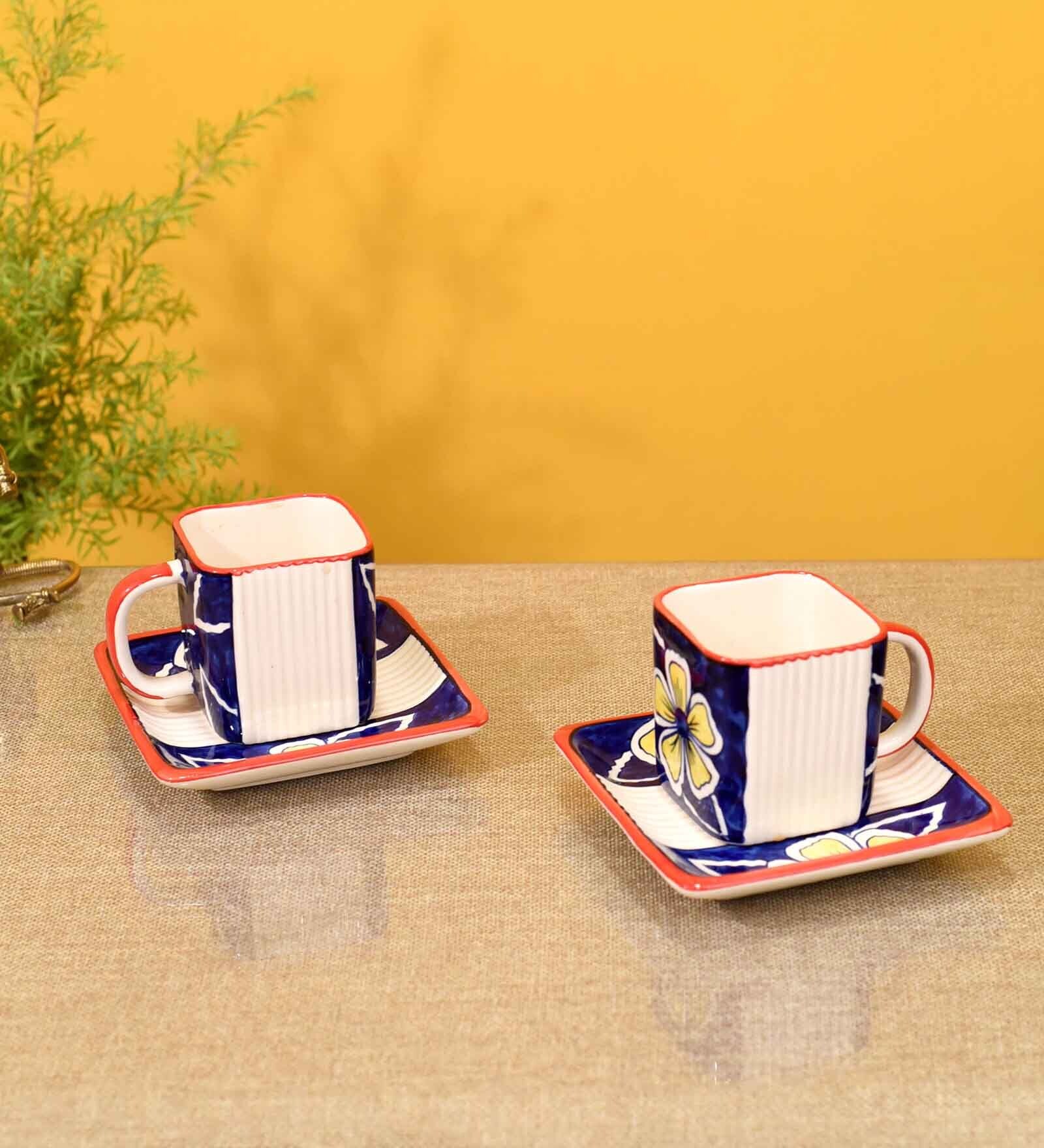 Flowers of Ecstasy Blue  Ceramic 4 Pcs Tea Cup with Saucers