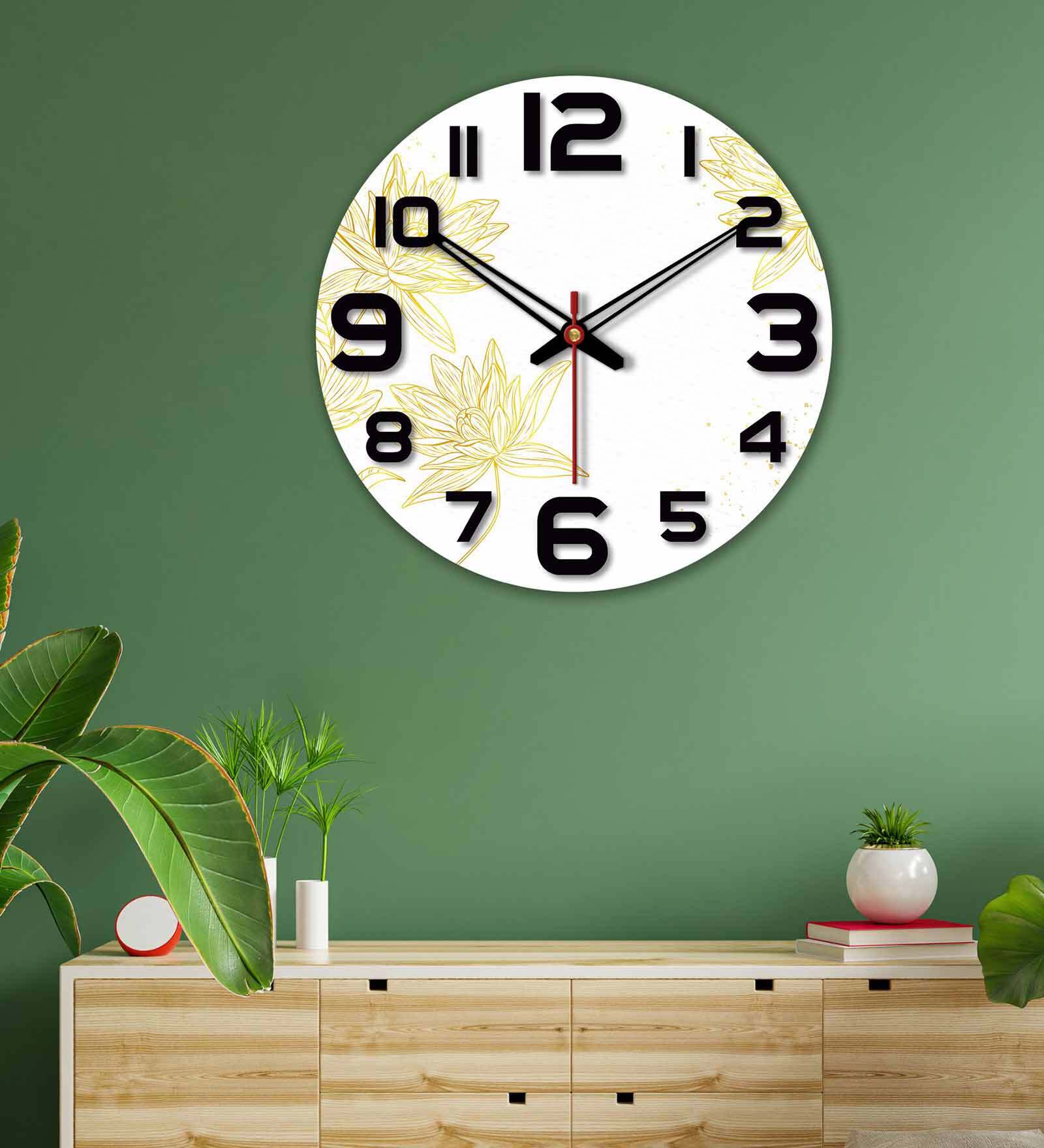 Flowers Printed  Wood Wall Clock In White