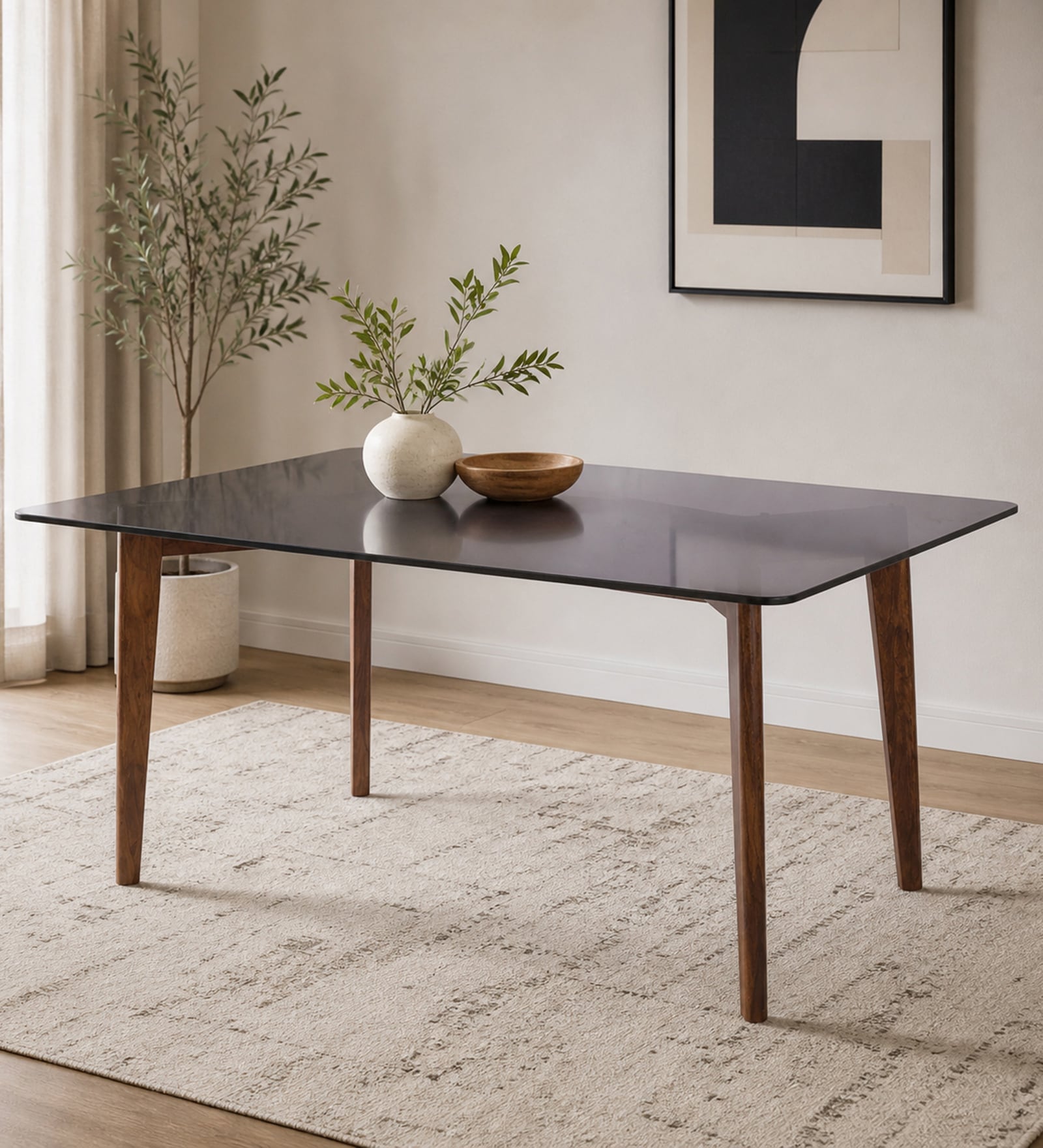 Floyd Sheesham Wood 6 Seater Dining Table with Tinted Glass Top In Provincial Teak Finish
