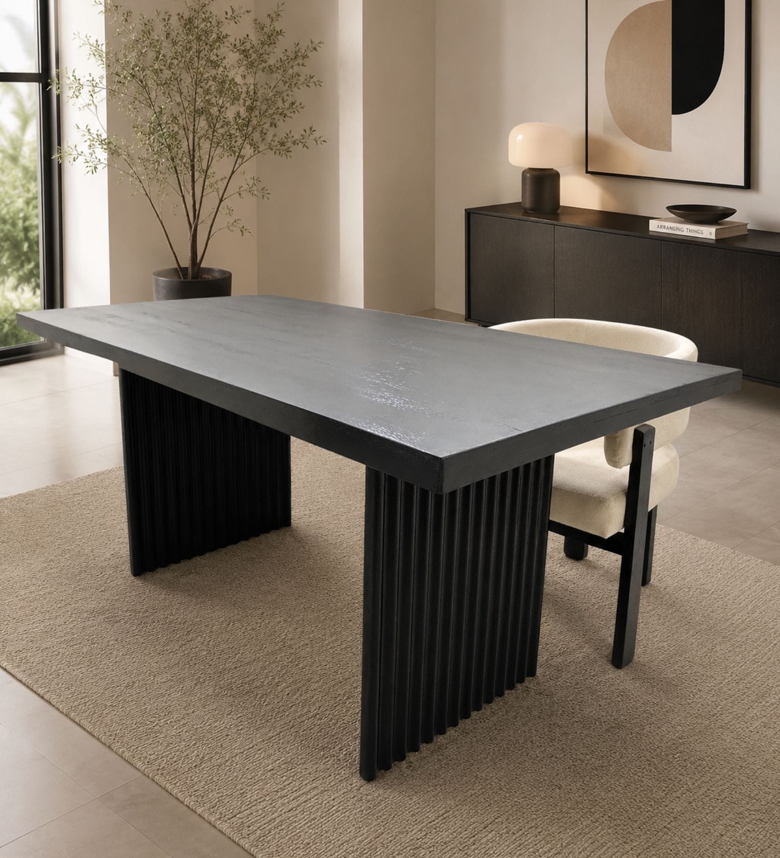 Flute Wooden 6 Seater Dining Table Set In Brown Finish