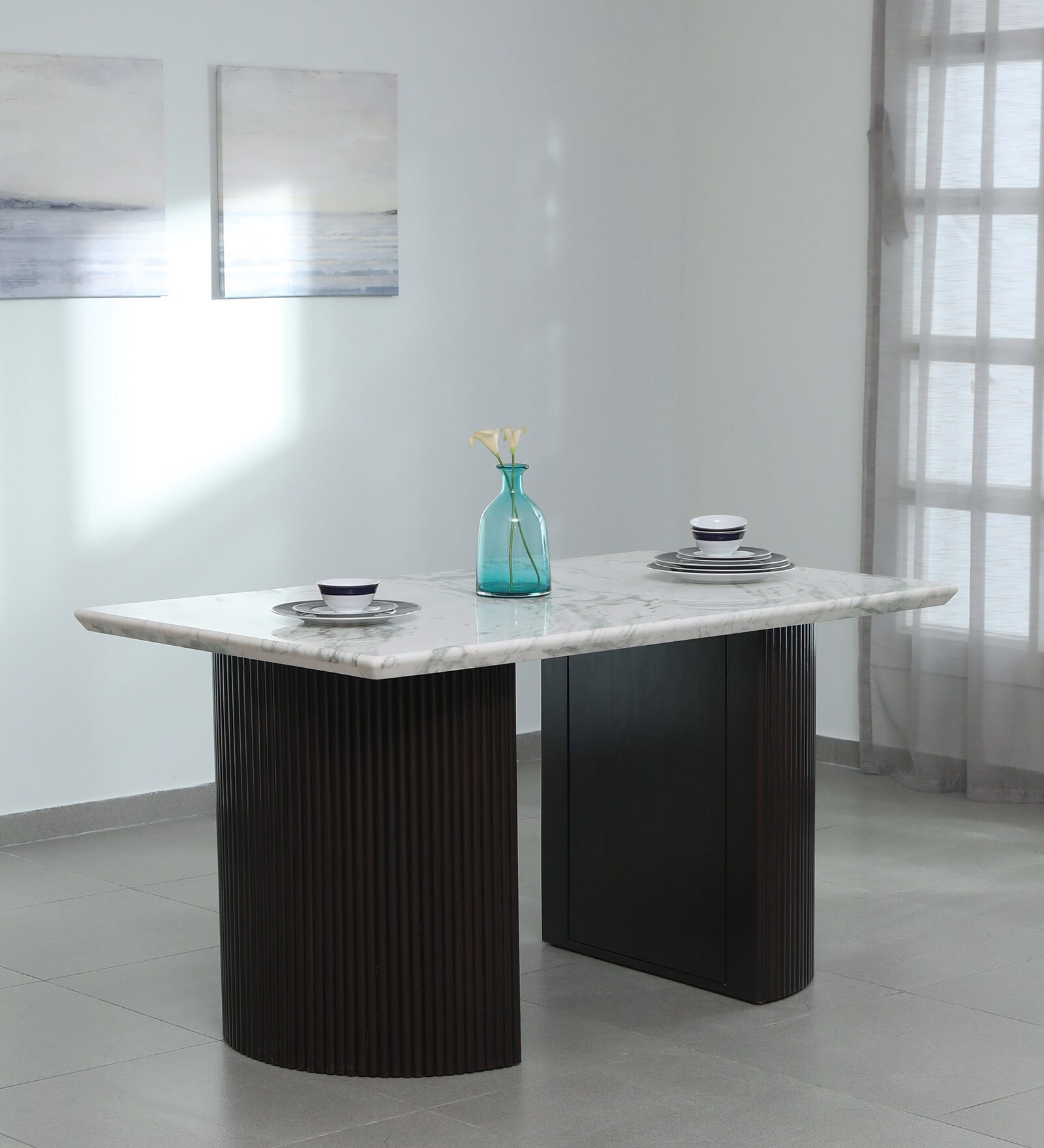 Fluted 6 Seater Dining Table in Ply Wood Finish with Marble Top Fluted 6 Seater Dining Table in Ply Wood Finish with Marble Top