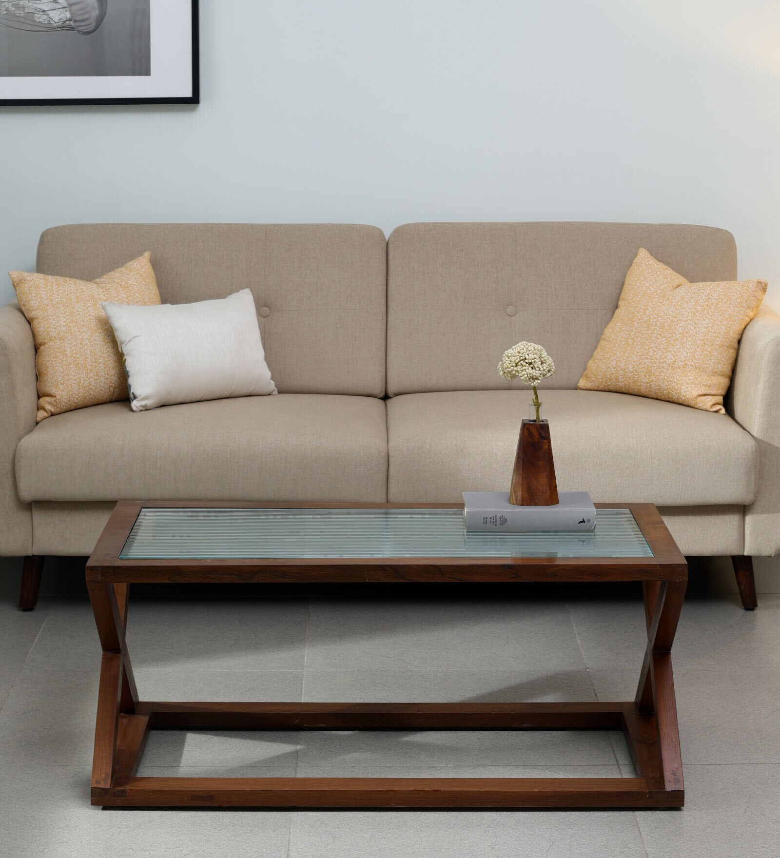 Fluted Glass Coffee Table in Natual Teak Wood Finish
