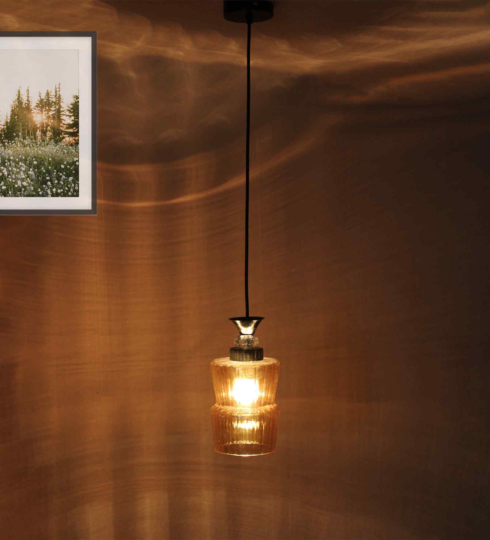 Fluted Amber Glass Pendant Light With Black Finish