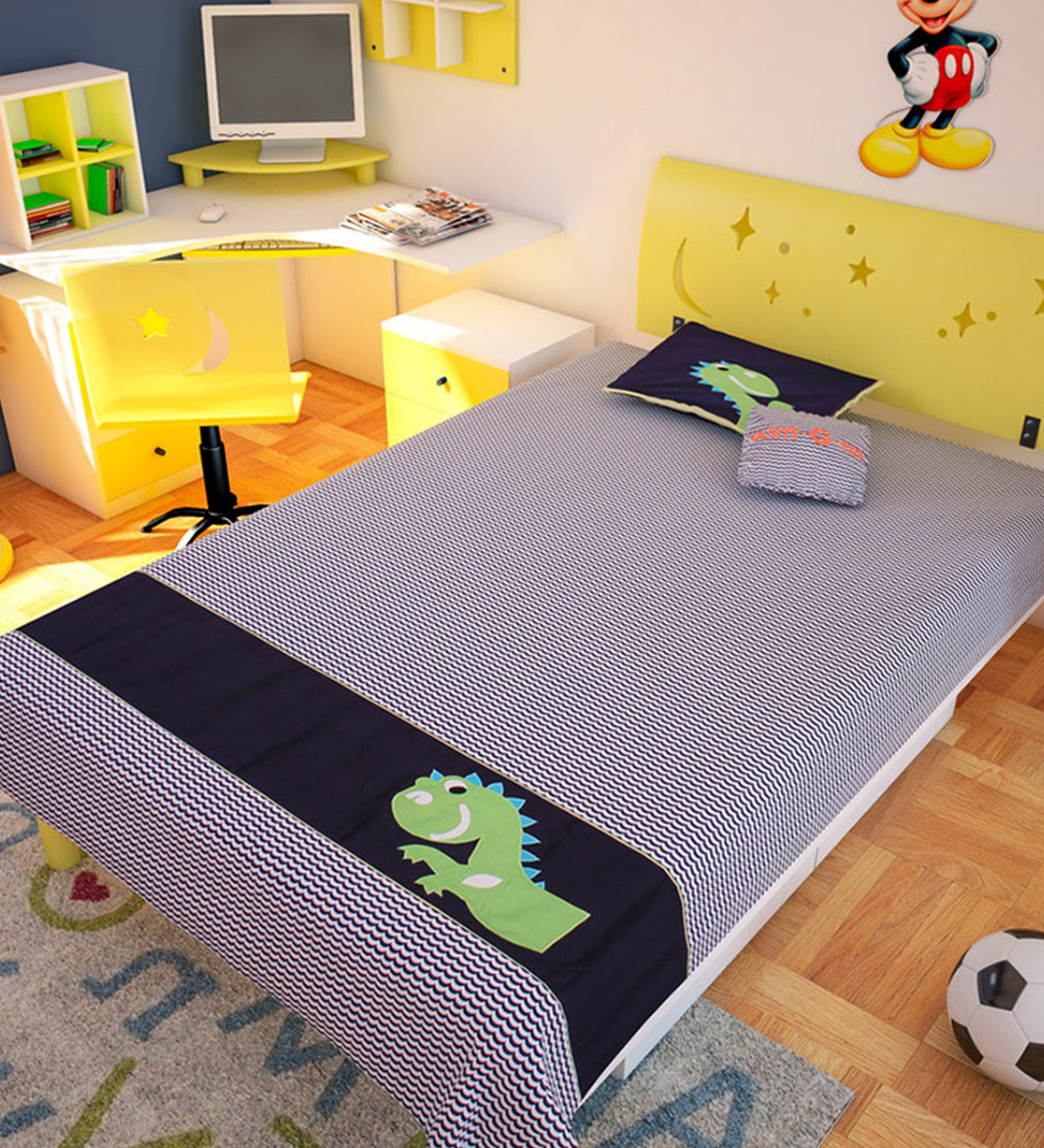 Blue Cotton Dinosaur 90 x 60 Inch Quilt Set (with Pillow and Cushion)