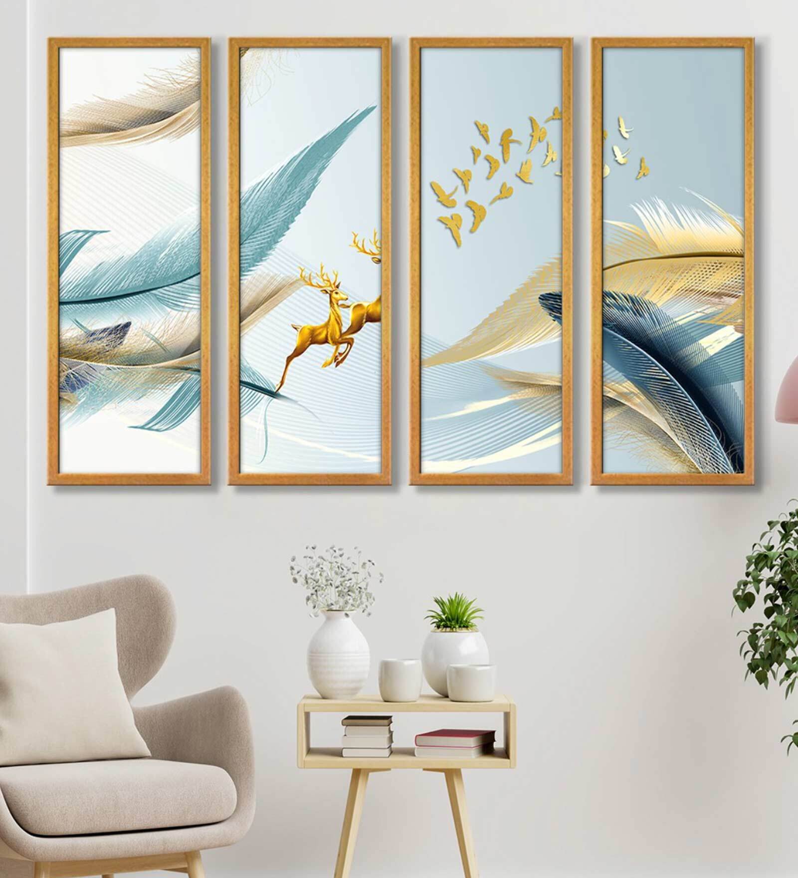 Flying Deer Multicolour Canvas Framed Landscape Art Panel Set of 4