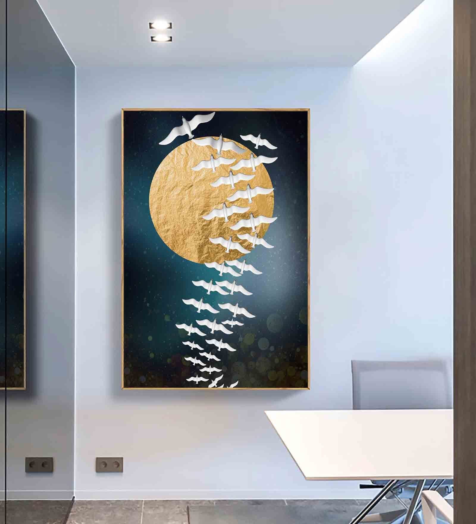 Flying Mood Bird Multicolour Engineered Wood Framed Canvas Wall Painting