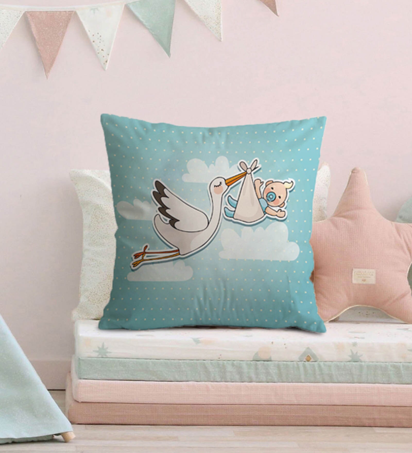 Canvas Cushion with Flying Swan & Baby Print