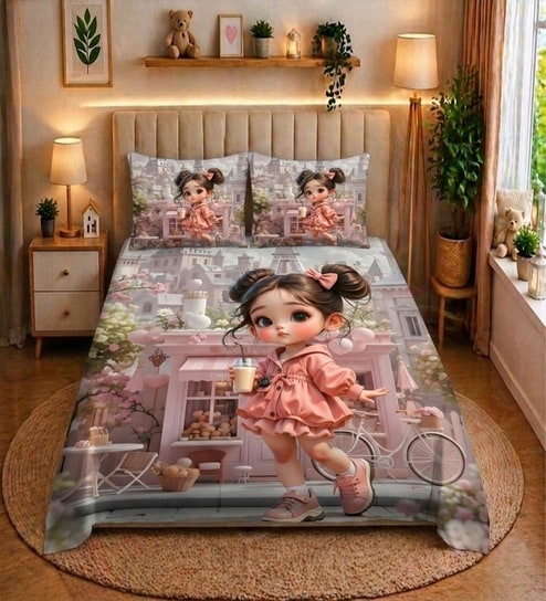Pink 7D Digital Printed Girl Queen Size Bedsheet Sheet with 2 Matching Pillow Covers
