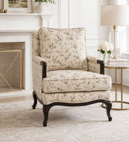 Fleura Floral Motif Teak Wood Arm Chair With Suede Fabric