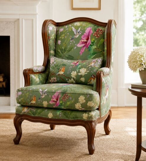 Fleura Teak Wood Lounge Chair With Suede Fabric In Green Colour