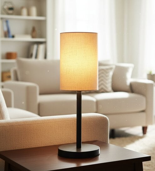 Flex Cylinder Fabric Shade Table Lamp, Minimalist Bedside Lamp with Metal Base for Bedroom, Living Room & Study