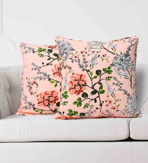 Peach Floral Cotton 16 x 16 Inches Cushion Covers (Set of 2)