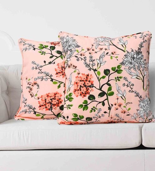 Peach Floral Cotton 12 x 12 Inches Cushion Covers (Set of 2)