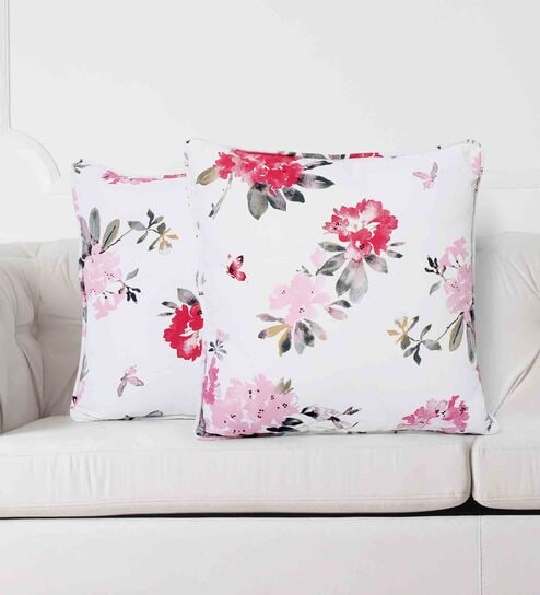 Floral 200 TC Pure Cotton Cushion Cover (Set of 2) in Pink Color