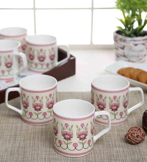 Floral 245ml White & Pink Ceramic (Set of 6) Coffee Mug