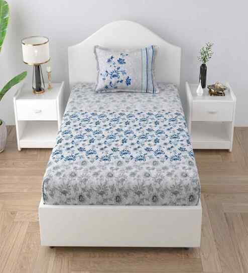 Floral Blue Spring Glory Cotton186 TC Single Bedsheet With 1 Pillow Cover
