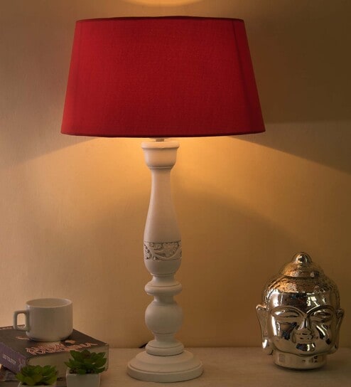 Floral Carved White Wood Table Lamp With Red Shade