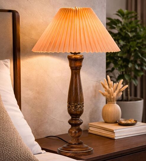 Floral Carved Wood Table Lamp with Pleated Shade for Bedroom & Home D cor