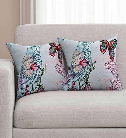Blue Floral & Animal Printed Cotton 16 x 16 Inches Cushion Covers (Set of 2)