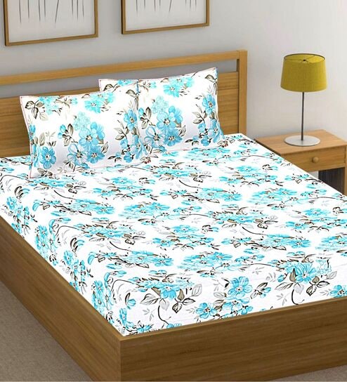 Blue Floral Cotton Queen Double Size Bed Sheet With 2 Pillow Covers