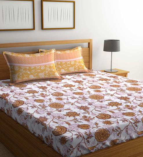 Buy Floral Pattern 140tc Cotton Queen Size Bed Sheet With 2 Pillow