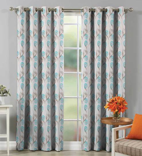 Buy 100 Cotton Floral Design Blue Color Eyelet Curtain Door Long