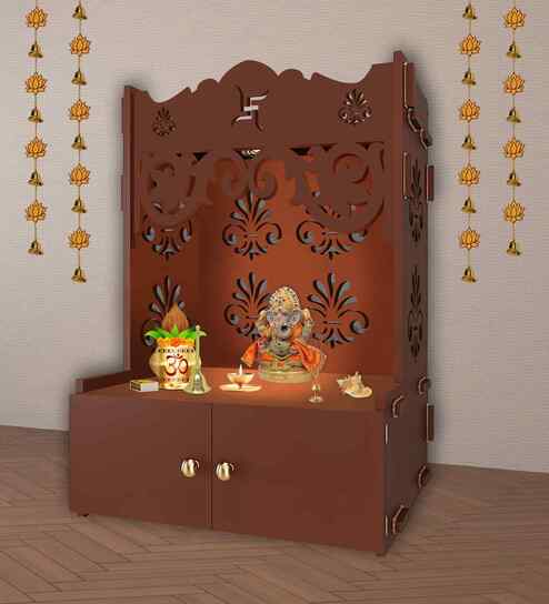 Floral Designer Pattern Floor Temple with Spacious Wooden Shelf & Inbuilt Focus Light- Brown Finish