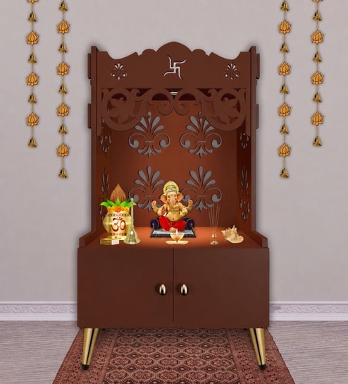 Floral Designer Pattern Floor Temple with Spacious Wooden Shelf & Inbuilt Focus Light- Brown Finish