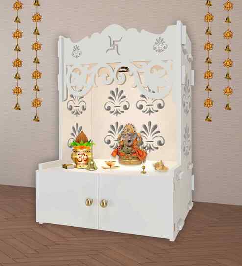 White Finish Floral Designer Pattern Floor Temple with Spacious Wooden Shelf & Inbuilt Focus Light-