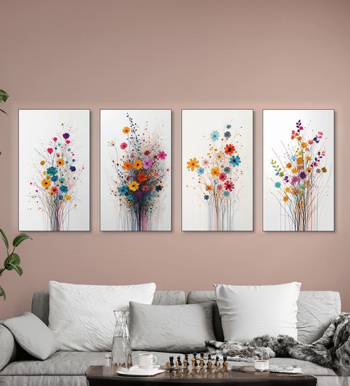 Floral Set of 4 Canvas Wall Painting Black Frame