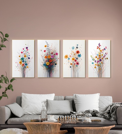 Floral Set of 4 Canvas Wall Painting Gold Frame