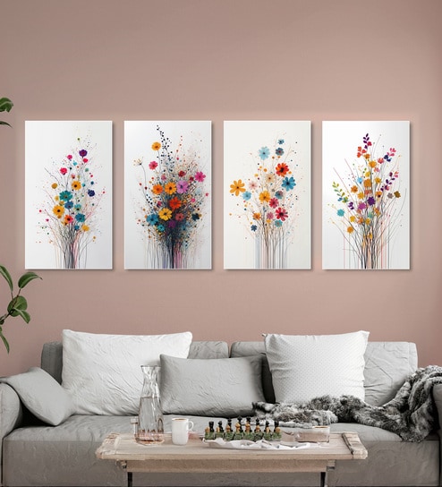 Floral Set of 4 Canvas Wall Painting White Frame
