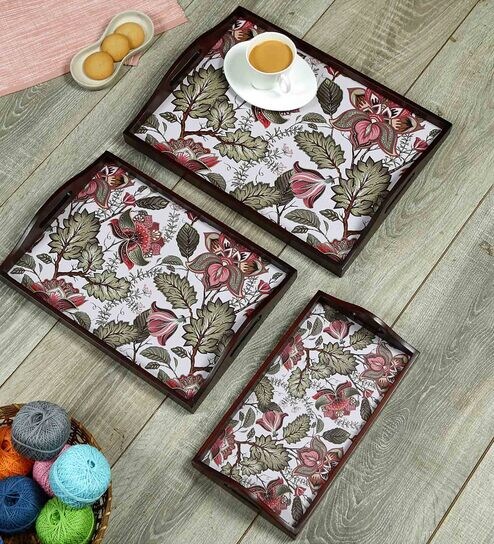 Floral Fantasy Brown Teak Wood & MDF Serving Tray (Set of 3) Reinvention factory