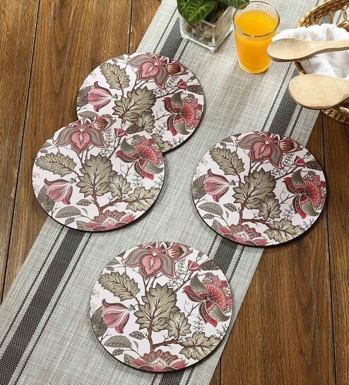 Floral Fantasy Cream MDF (Set of 4) Table Coaster Reinvention factory