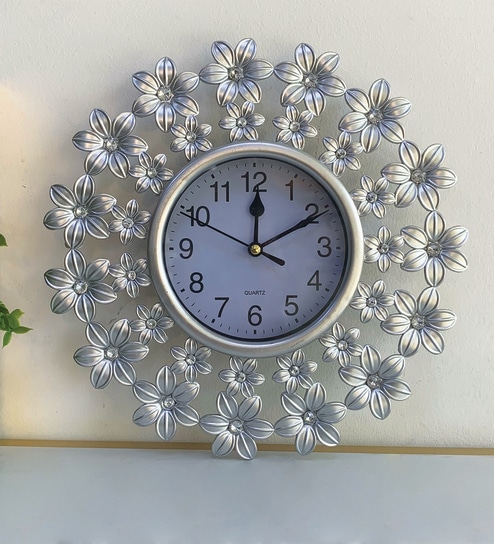 Floral Silver Plastic Wall Clock