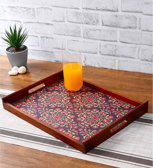 Floral Ornament Brown Teak Wood & MDF Serving Tray Reinvention factory