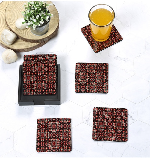 Floral Ornamental Black MDF (Set of 6 ) Table Coasters