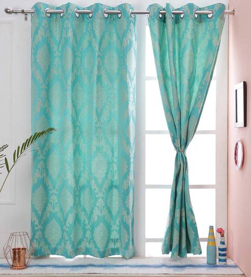 Buy Floral Pattern Blue Color Dupion Silk Premium Eyelet Curtain