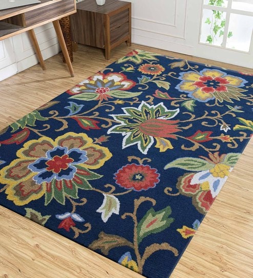 Blue Wool Floral 5 x 8 Feet Hand Tufted Carpet