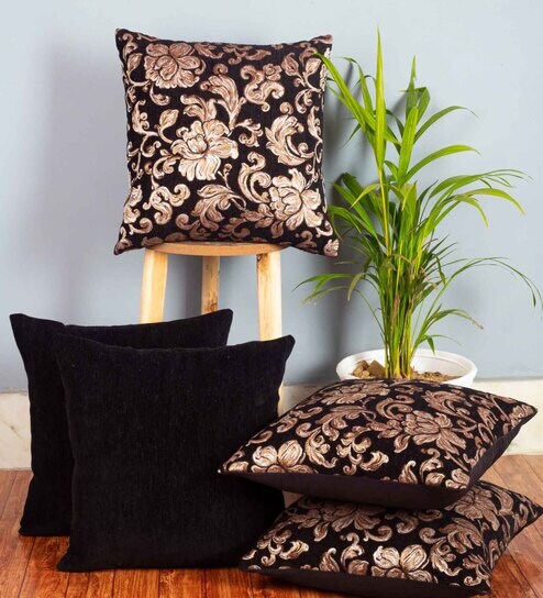 Black Floral Polyester 16 x 16 Inches Cushion Covers (Set of 5) by Cazimo