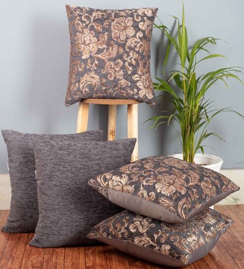 Grey Floral Polyester 16 x 16 Inches Cushion Covers (Set of 5) by Cazimo