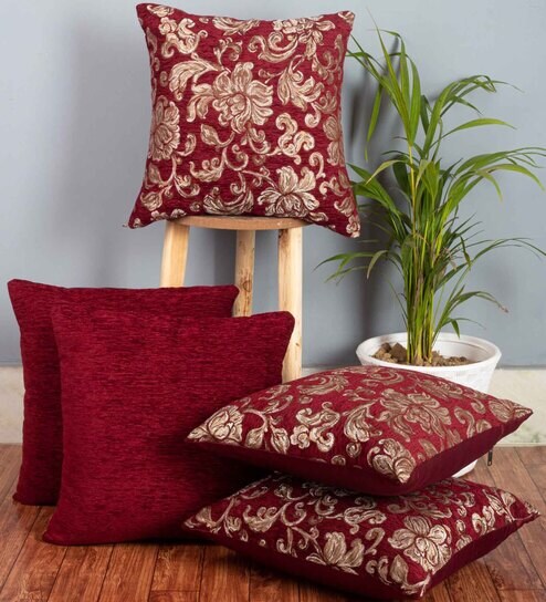 Maroon Floral Polyester 16 x 16 Inches Cushion Covers (Set of 5) by Cazimo