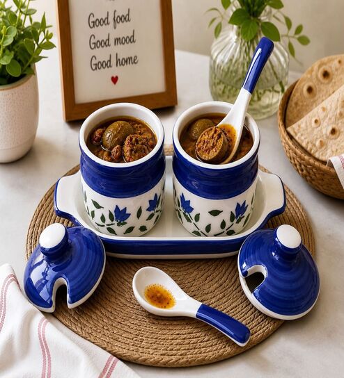 Blue Floral Print Ceramic Barni Set 250ML Kitchen Storage Jars with Tray & Spoon