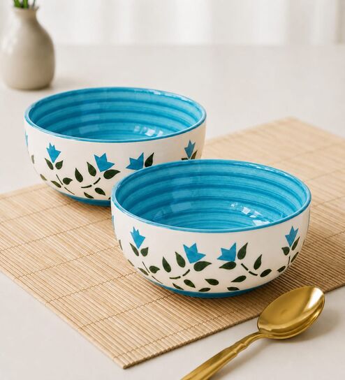 Aqua Blue & White Floral Print Ceramic Snack Bowl Set of 2 300MLServing Bowls