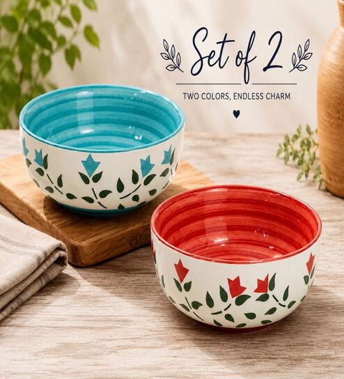 Aqua Blue and Red Floral Print Ceramic Snack Bowl Set of 2 300ML Serving Bowls