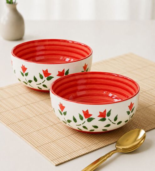 Set of 2 Red & White Floral Print Ceramic Snack Bowl 300ML Serving Bowls